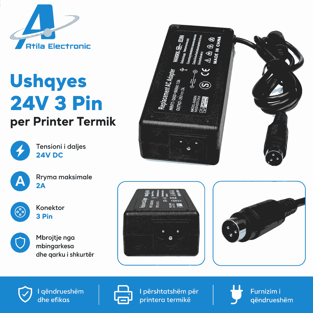 Ushqyes 24V me konektor 3-pin për printer termik dhe printer POS