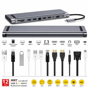USB-C HUB 12 porta me Dual HDMI 4K, VGA, Ethernet RJ45, USB, SD/TF dhe audio 3.5mm