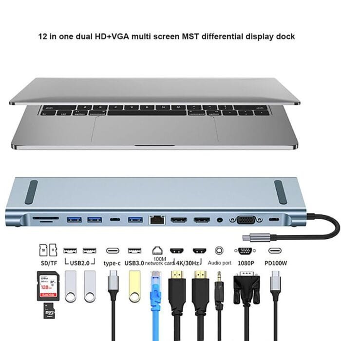 BYL-2003U2 USB-C docking station 12 in 1 me HDMI, VGA, USB, RJ45, SD TF dhe audi