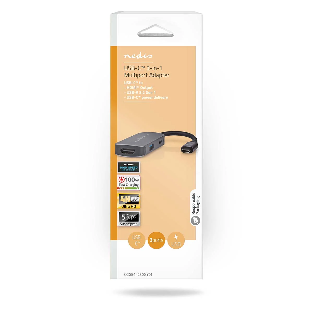 Nedis CCGB64230GY01 USB-C adapter 3-në-1 me HDMI, USB-A dhe USB-C, transferim deri në 5 Gbps