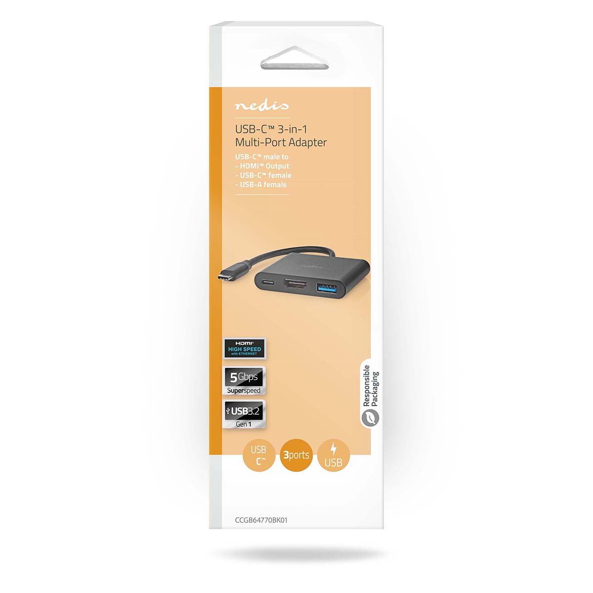 Nedis USB-C adapter 3-në-1 me dalje HDMI, portë USB-A dhe USB-C, shpejtësi transferimi deri në 5Gbps