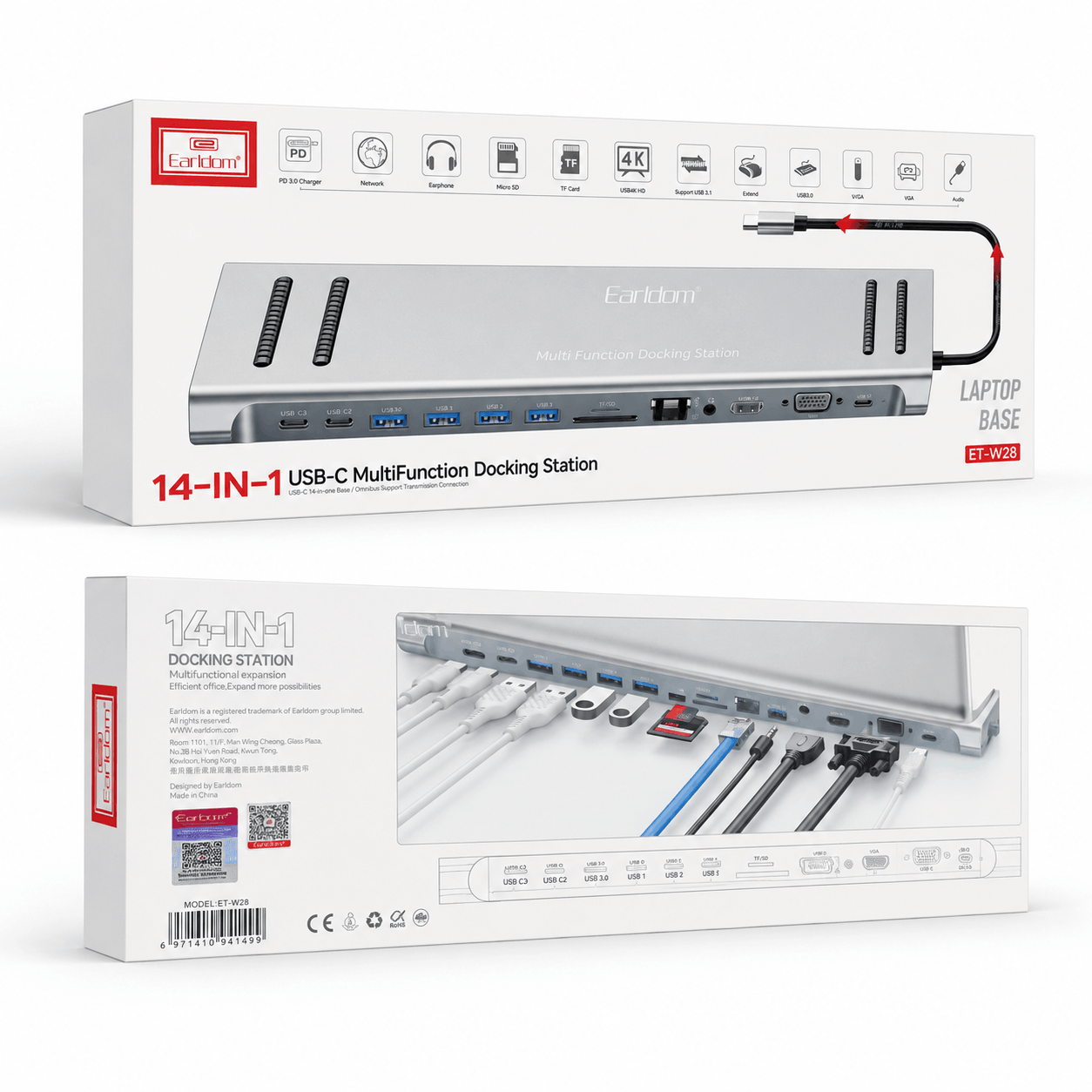 Earldom ET-W28 USB-C docking station 14 in 1 me HDMI 4K, VGA, RJ45, USB dhe SD TF