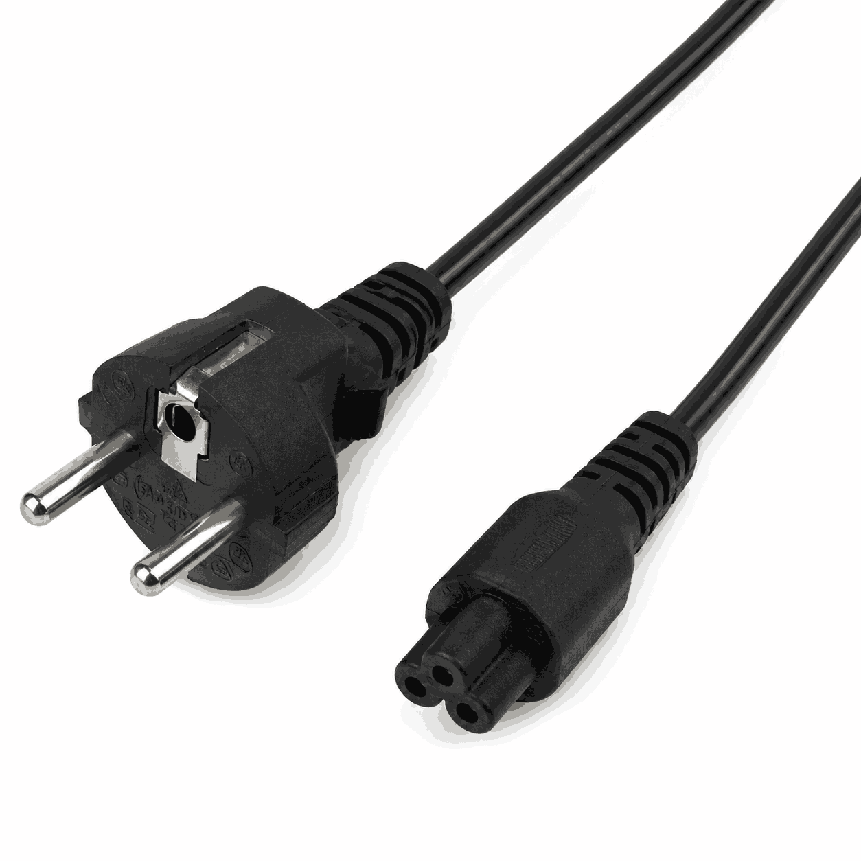 Kabell ushqimi Schuko Male në IEC C5 Cloverleaf me 3 kontakte për adapter laptopi dhe pajisje me hyrje IEC C6