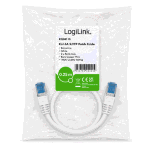 LogiLink CQ3011S Patch Cord CAT6A S/FTP 0.25m White PrimeLine RJ45 10 Gigabit Ethernet