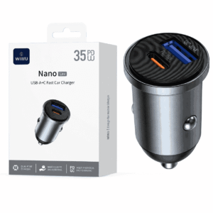 WiWU Wi-CC030 Nano Lite me USB-C 35W PD/PPS dhe USB-A 30W për karikim të shpejtë në makinë 12–24V.