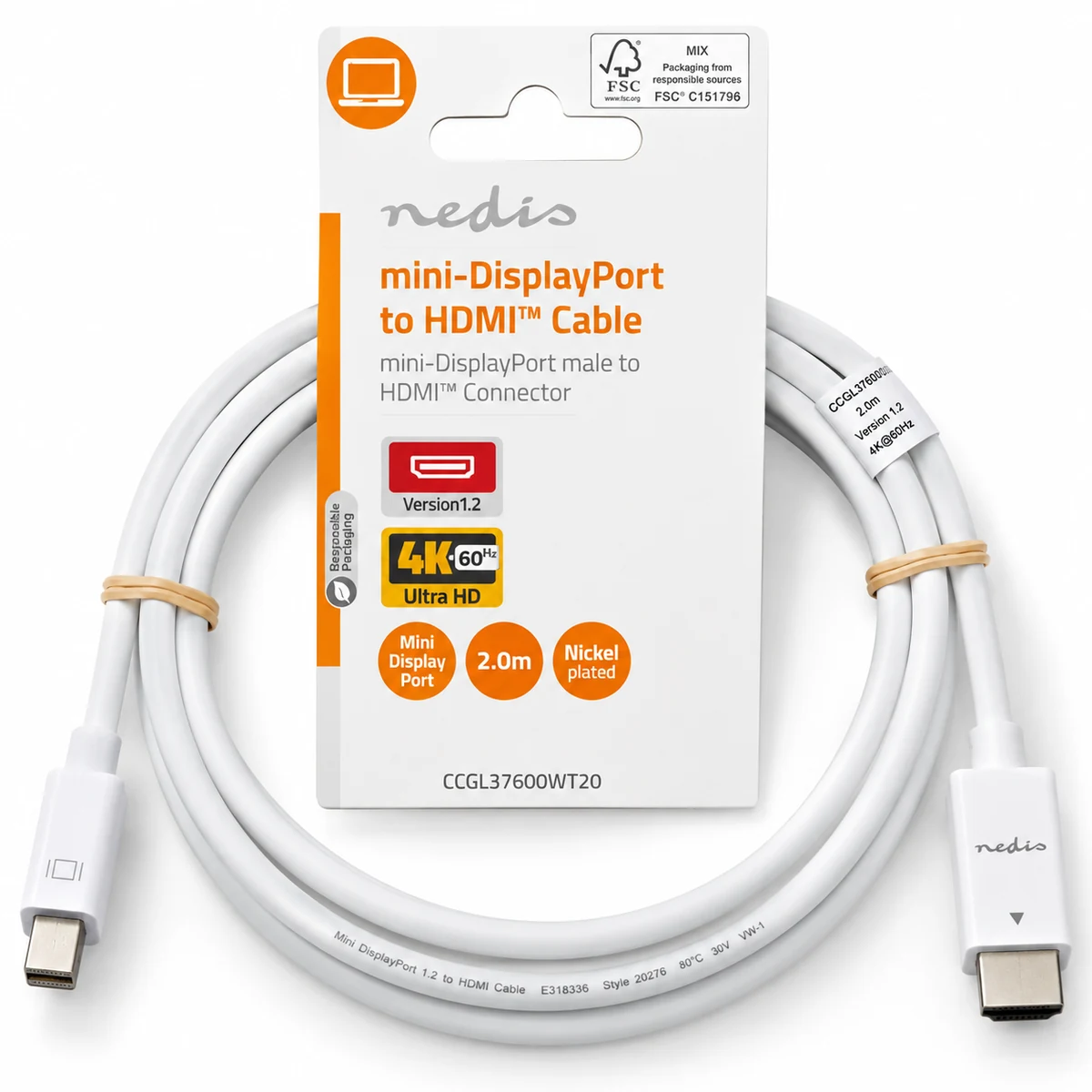 Kabell Mini DisplayPort në HDMI Nedis CCGL37600WT20 2m i bardhë 4K 60Hz