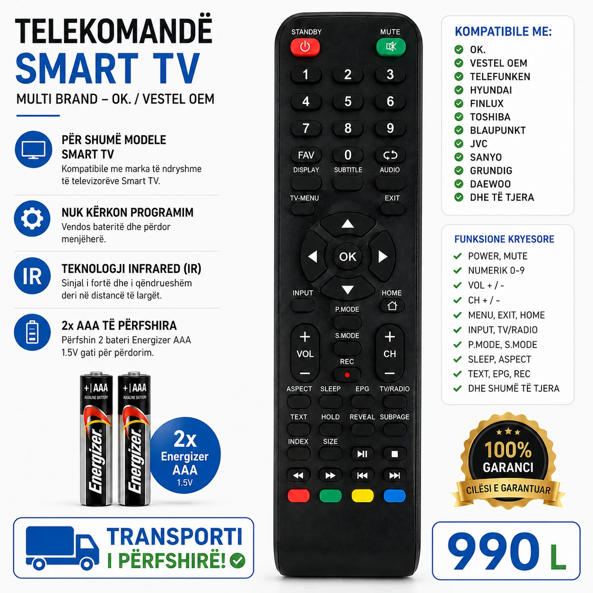 Telekomandë Smart TV Multi Brand kompatibël me OK ODL 32644H-TB me 2 bateri Energizer AAA