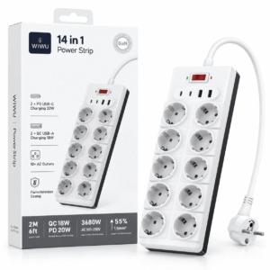 WiWU 14 in 1 Power Strip 3680W me 10 priza 2 USB-C dhe 2 USB-A