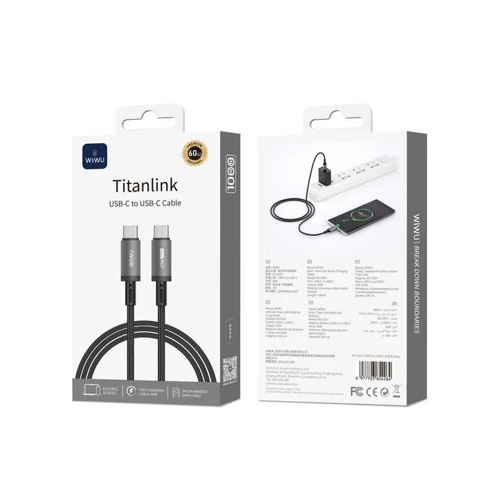 WiWU Titanlink WI-C057 USB-C to USB-C Cable 60W PD Fast Charging 1m