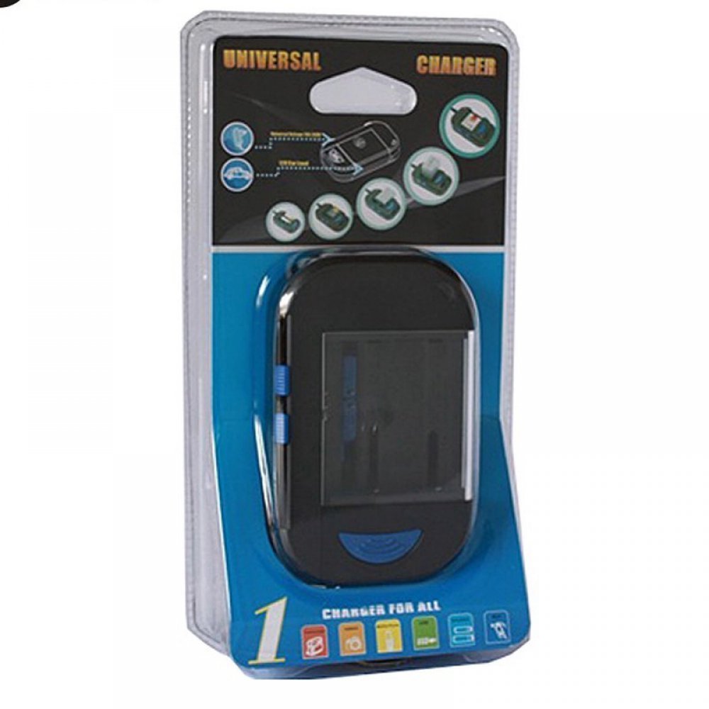 Karikues universal baterish i zi me elemente blu dhe kapak transparent në paketim blister