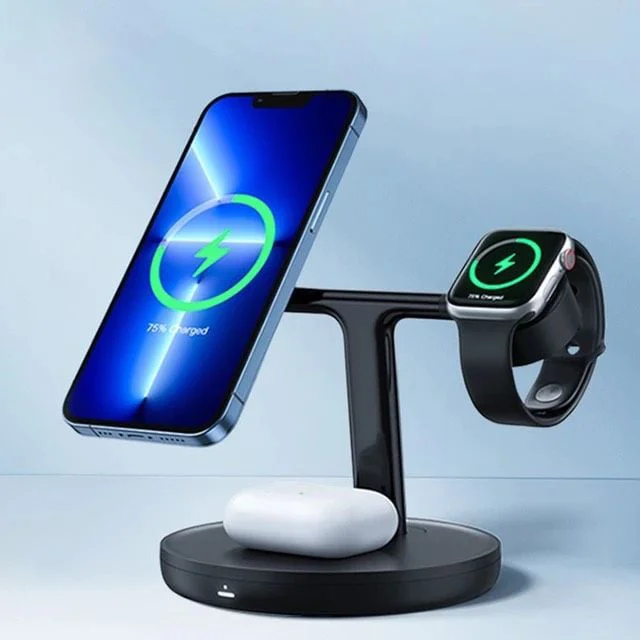 Baseus Swan 3-in-1 magnetic charging station me karikim wireless për iPhone, Apple Watch dhe AirPods