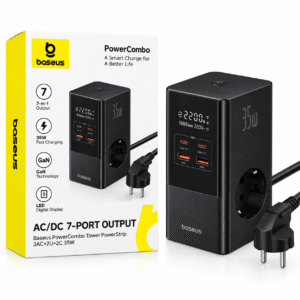 Baseus PowerCombo Tower PowerStrip 35W GaN me 3 priza AC 2 USB-A dhe 2 USB-C