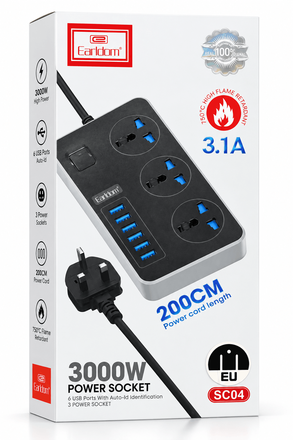 Earldom SC04 Power Socket 3000W me 3 priza AC 6 porta USB 3.1A dhe kabllo 2m