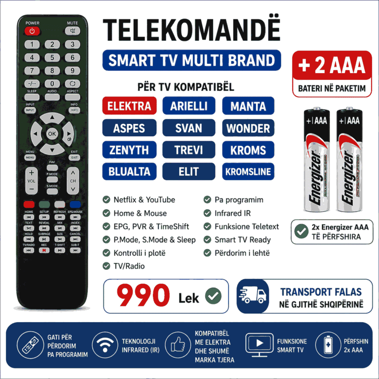 Telekomandë Smart TV për ELEKTRA / Arielli / Manta / Svan / Wonder / Zenyth + 2x Energizer AAA
