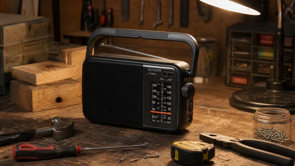 Aiwa R-290BK radio portative AM/FM me tuner analog, antenë teleskopike, dorezë transporti dhe kontrolle anësore