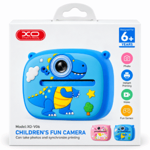 XO V06 kamera për fëmijë me printim ngjyrë blu dhe dizajn dinosauri
