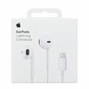 Paketimi i bardhë Apple EarPods me kufje dhe konektor Lightning të paraqitur në pjesën e përparme