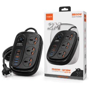 MOXOM MX-ST34 prizë shumëfishe e zezë 2500W me 3 priza, PD20W, QC18W dhe porta USB