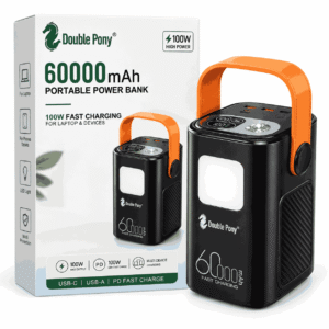 Double Pony power bank 60000mAh 100W me USB-C PD, USB-A, dritë LED dhe dorezë portokalli