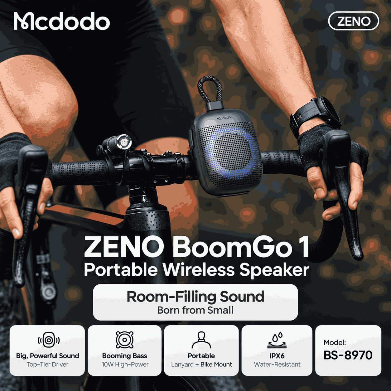 Mcdodo ZENO BoomGo 1 BS-8970 10W Bluetooth speaker mounted on bicycle handlebar with IPX6 protection
