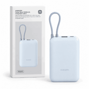 Xiaomi Power Bank 10000mAh blu e çelët me kabëll USB-C të integruar, jashtë kutisë pranë paketimit