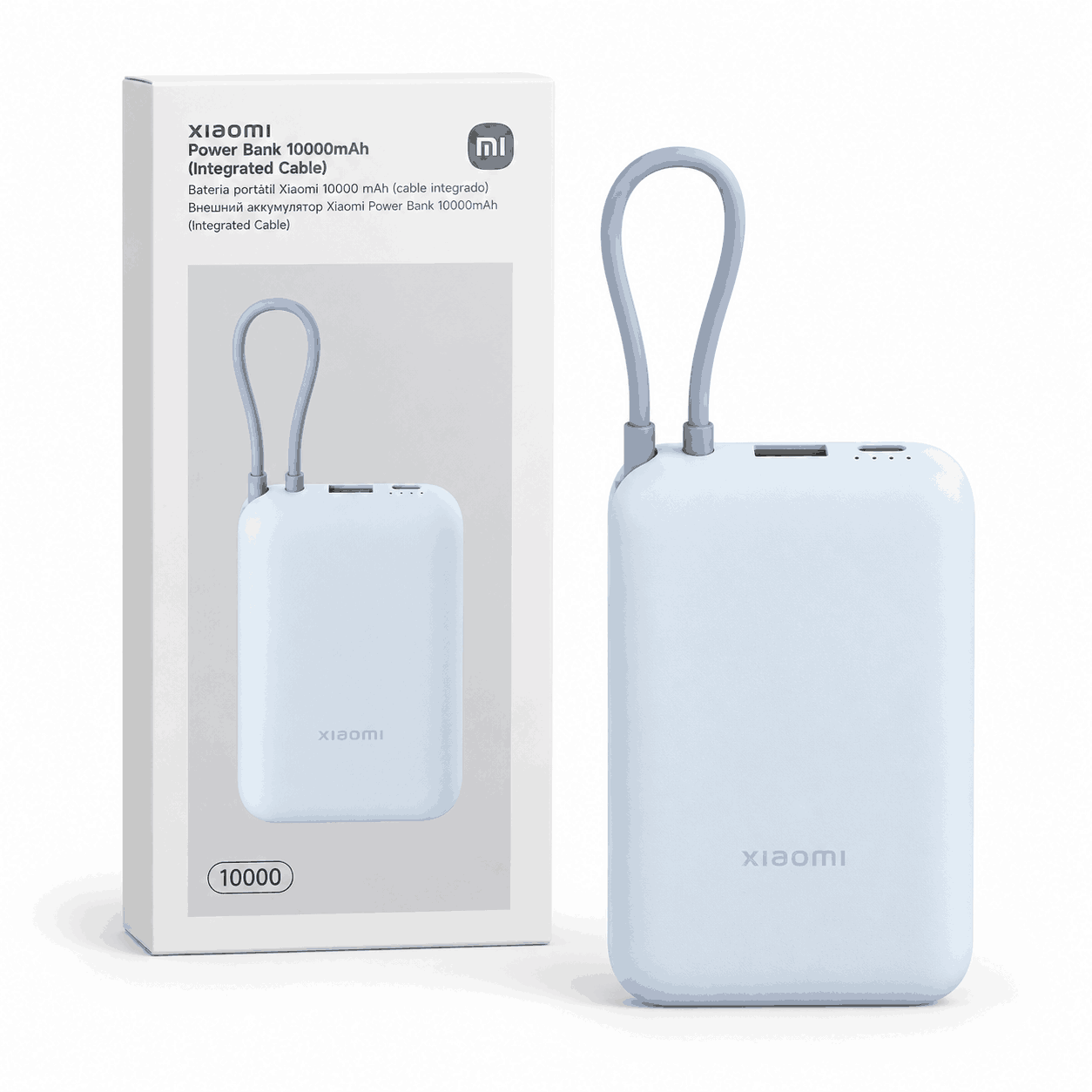 Xiaomi Power Bank 10000mAh blu e çelët me kabëll USB-C të integruar, jashtë kutisë pranë paketimit
