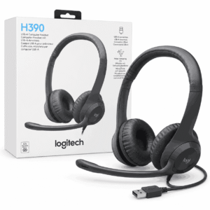 Kufje Logitech H390 USB-A me mikrofon, të vendosura jashtë kutisë së produktit mbi sfond të bardhë
