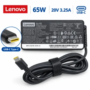 Adapter Lenovo 65W ADLX65YCC3A i zi, me kabllo fikse dhe konektor USB-C me pjesë të brendshme të verdhë