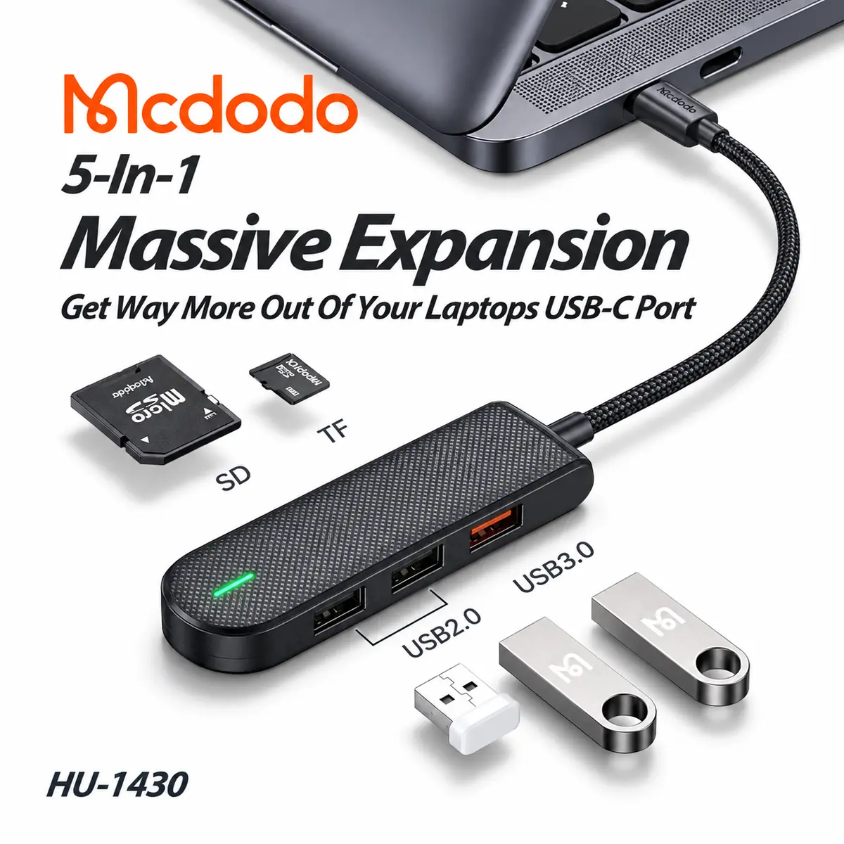 Mcdodo HU-1430 USB-C Hub 5-në-1 me USB 3.0, USB 2.0, SD dhe TF card reader