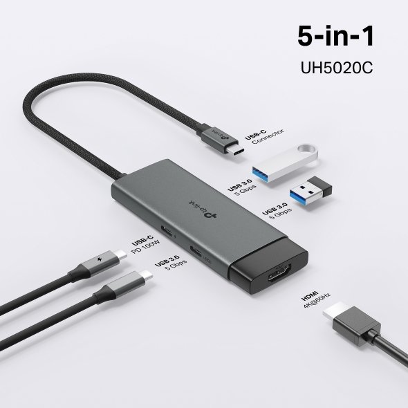 TP-Link UH5020C USB-C hub me 5 porta, HDMI 4K, USB-A, USB-C dhe Power Delivery 100W