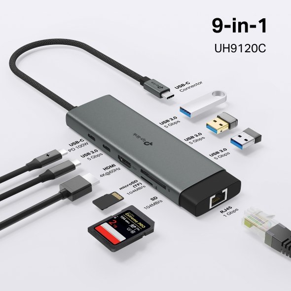 TP-Link UH9120C multiport hub USB-C me 9 lidhje, HDMI 4K 60Hz, Gigabit Ethernet, USB 5Gbps, lexues SD/microSD dhe PD 100W