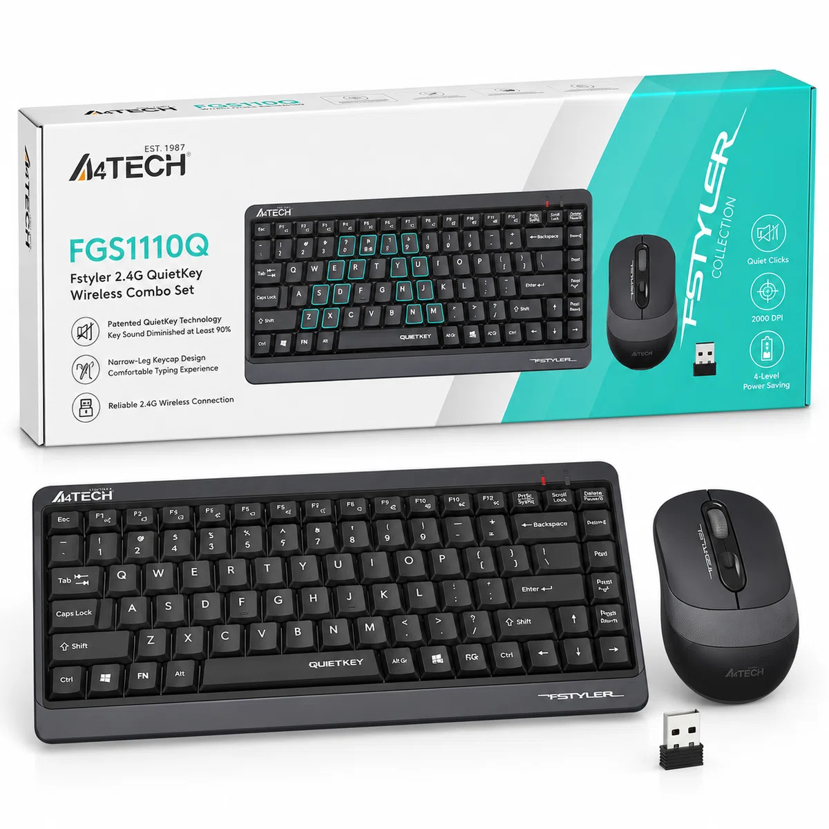 A4TECH FGS1110Q set tastierë dhe mouse wireless 2.4GHz QuietKey me Nano USB Receiver