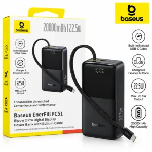 Baseus EnerFill FC51 20000mAh power bank 22.5W me kabllo USB-C të integruar