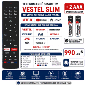 Telekomandë Smart TV Vestel Slim për Vestel / Toshiba / Telefunken / Finlux / Hitachi / JVC + 2x Energizer AAA