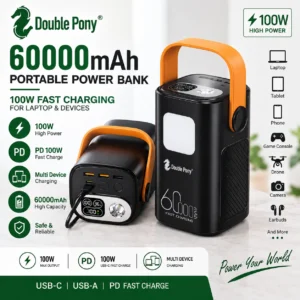 Double Pony 60000mAh power bank 100W USB-C PD për laptop dhe smartphone