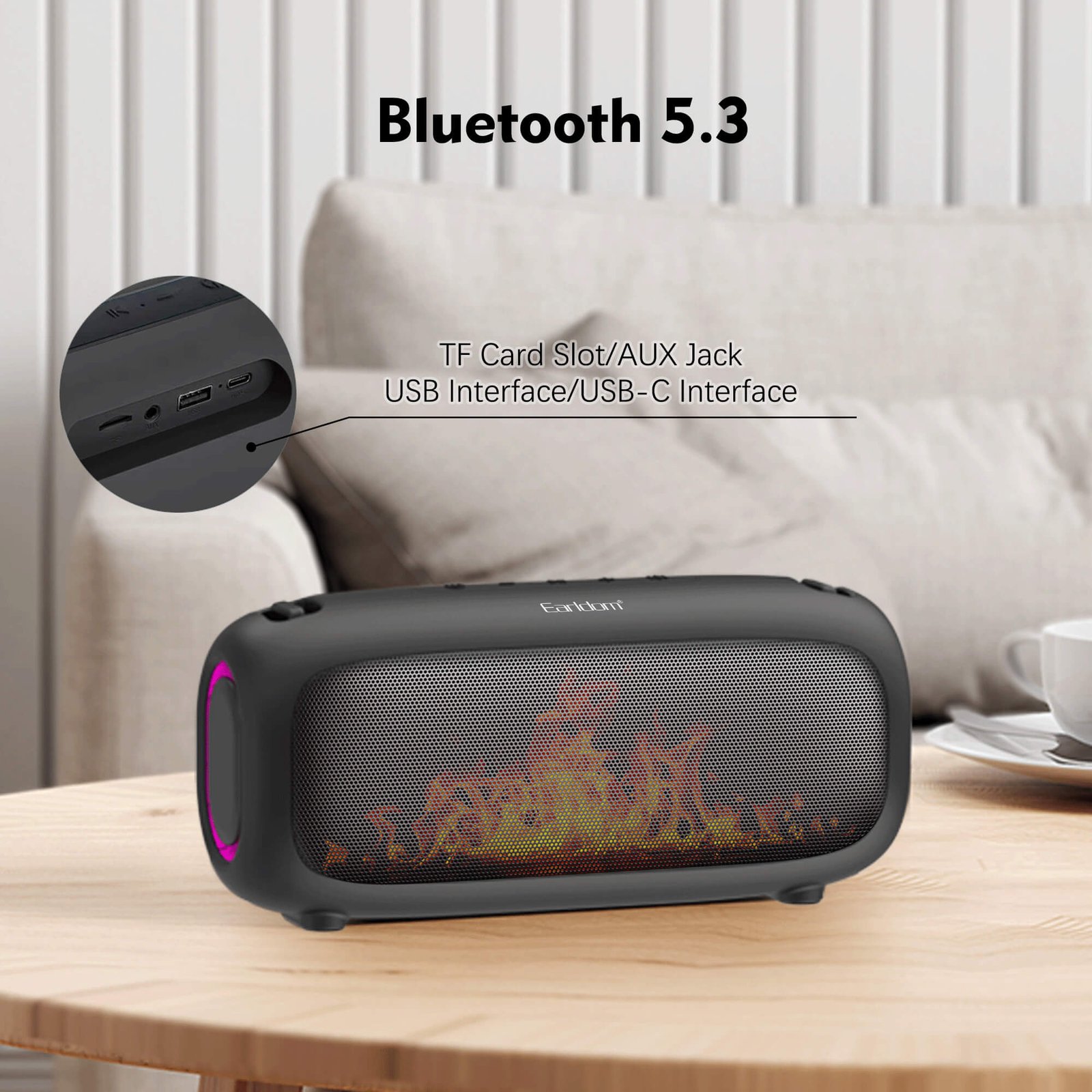 Earldom A42 portable Bluetooth speaker with RGB lighting, flame effect and 16W stereo sound