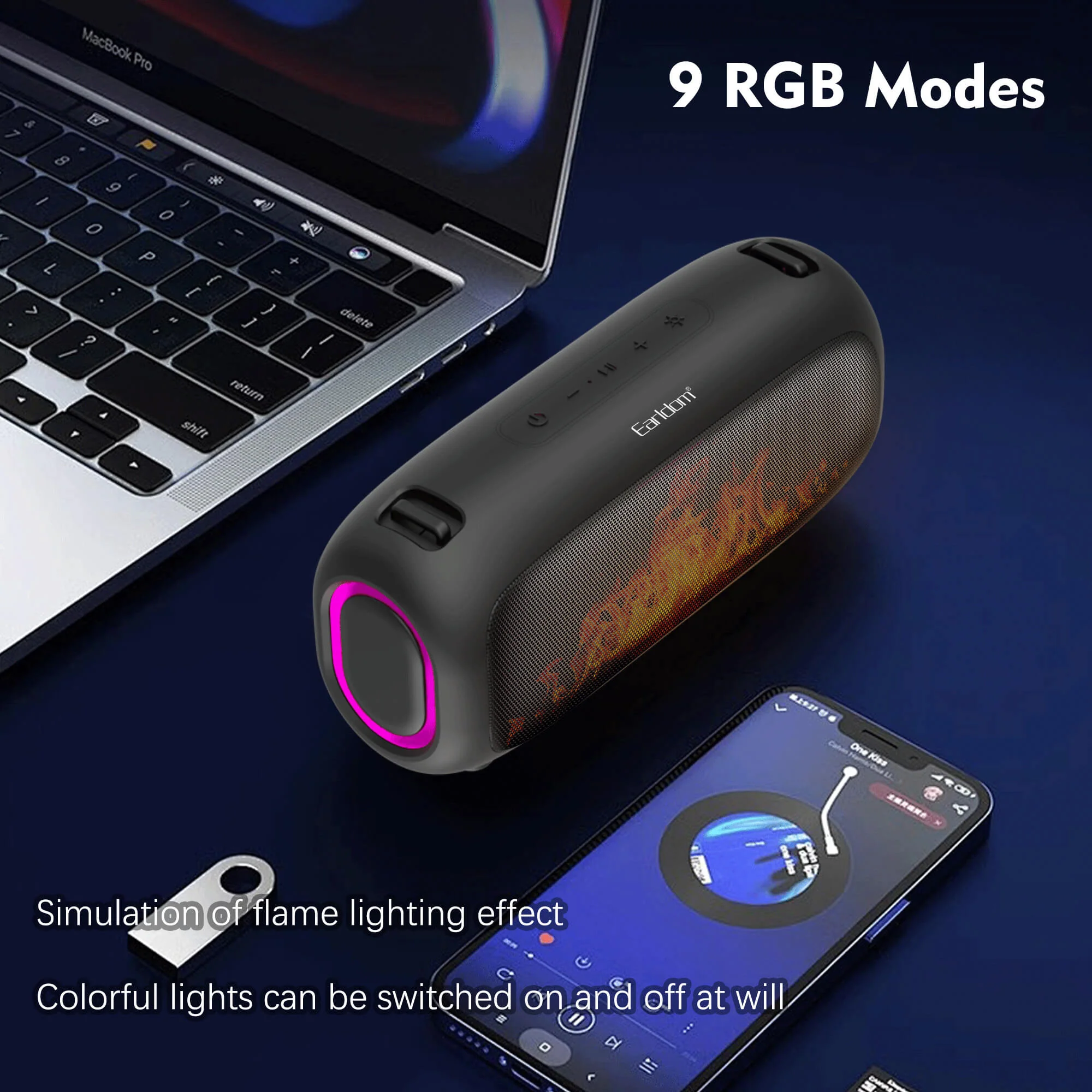 Earldom A42 portable Bluetooth speaker with RGB lighting, flame effect and 16W stereo sound