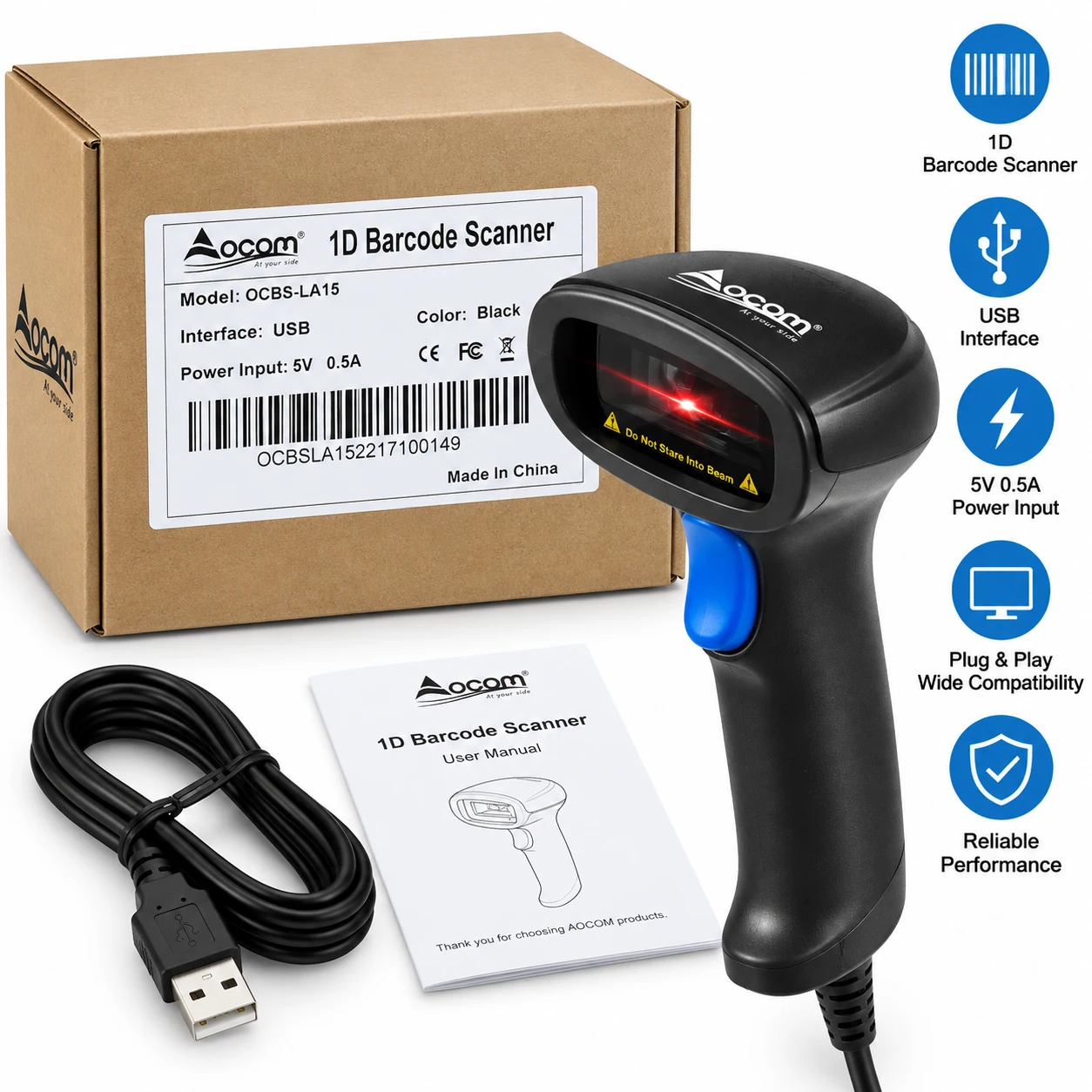 OCOM OCBS-LA15 1D Laser Barcode Scanner USB për POS dhe inventar