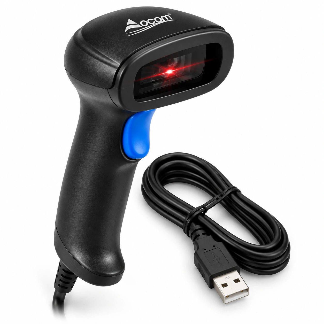 OCOM OCBS-LA15 1D laser barcode scanner me USB, kabllo të integruar dhe trigger blu