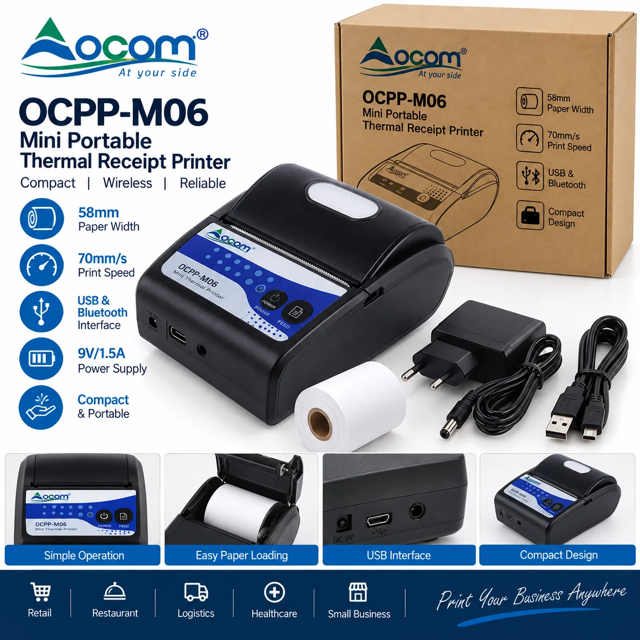 OCOM OCPP-M06 printer termik portativ 58mm USB Bluetooth për POS