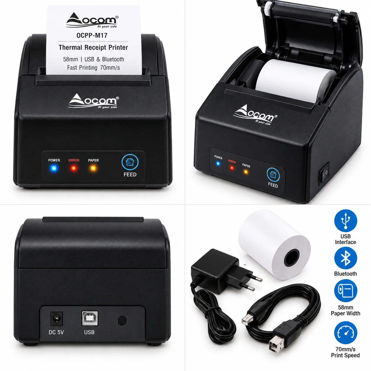 OCOM OCPP-M17 printer termik faturash 58mm me USB, Bluetooth, 70mm/s, pamje të hapur dhe aksesorë