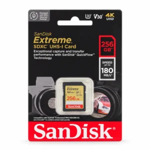 Kartë memorie SanDisk Extreme SDXC 256GB UHS-I U3 V30 me shpejtësi leximi 180MB/s për video 4K UHD