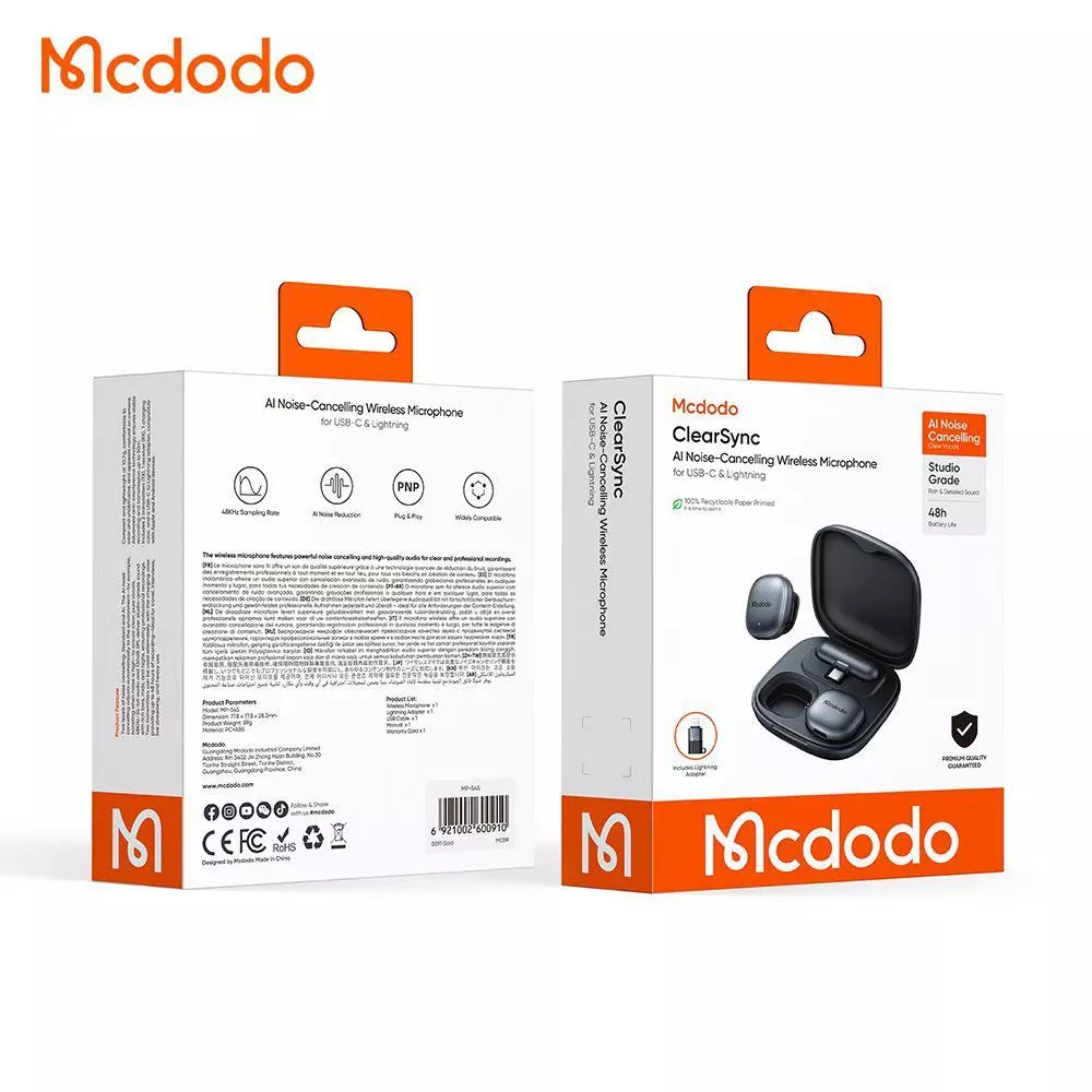Mcdodo ClearSync MP-5450 me dy mikrofona wireless AI Noise Cancelling për USB-C dhe Lightning