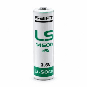 Bateri cilindrike SAFT LS14500 3.6V Li-SOCl₂ me etiketë të bardhë dhe të gjelbër dhe pol pozitiv të ngritur