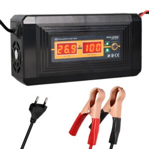 PowerMaster PM-1210D 12V 10A smart battery charger with digital display and battery terminal clamps for lead acid and GEL batteries