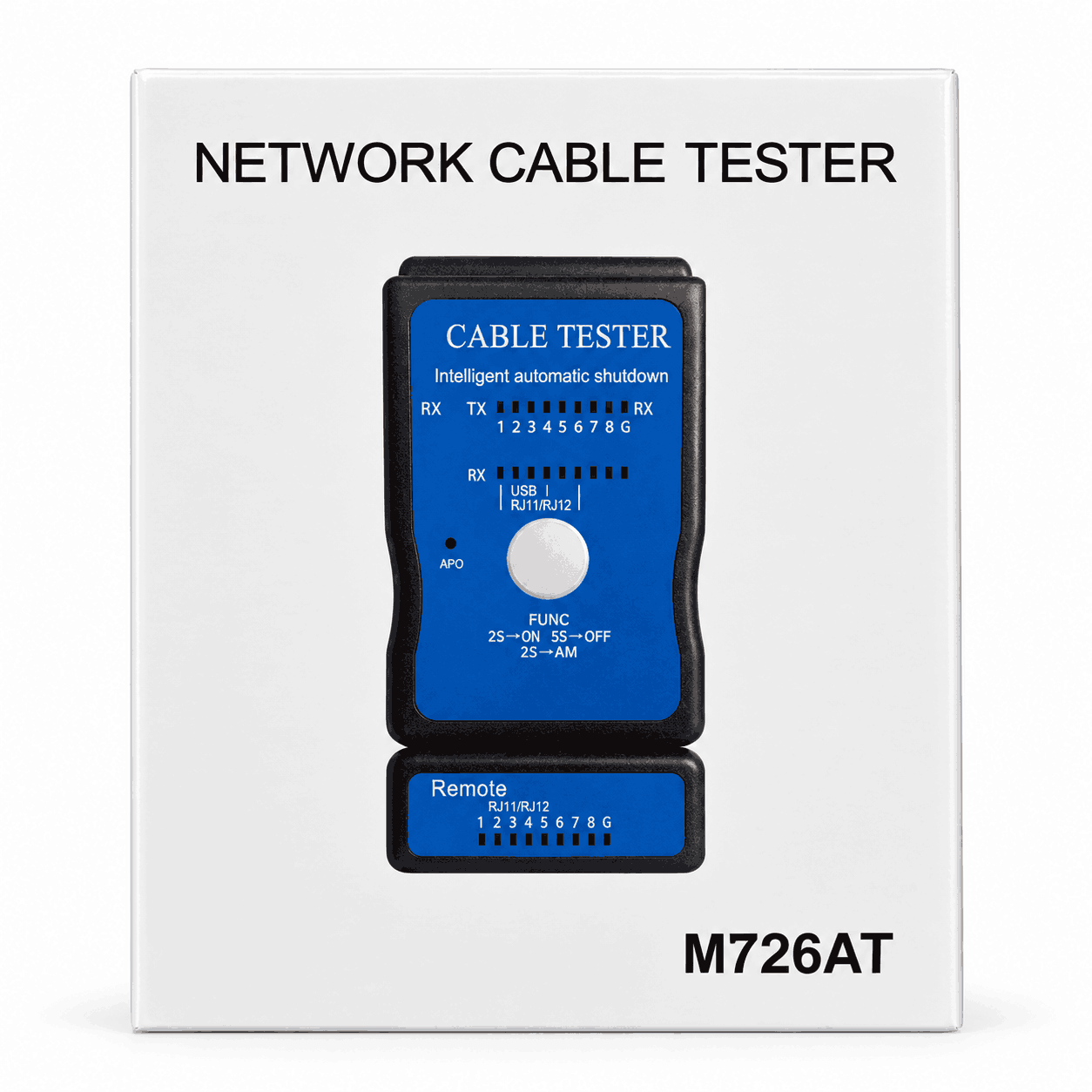 Kutia e testerit Powermaster M726AT për kabllo USB, RJ11 dhe RJ45, me ilustrimin e njësisë kryesore dhe remote