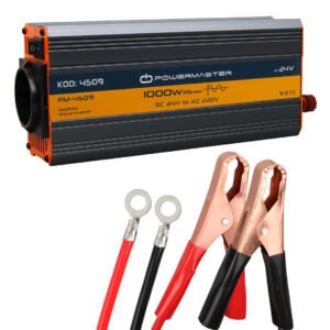 PM-4509 1000W power inverter converting 24V DC battery power to 220V AC with aluminum housing and active cooling fan