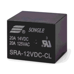 Rele e zezë SONGLE SRA-12VDC-CL me shënimet 20A 14VDC dhe 20A 125VAC në sfond të bardhë