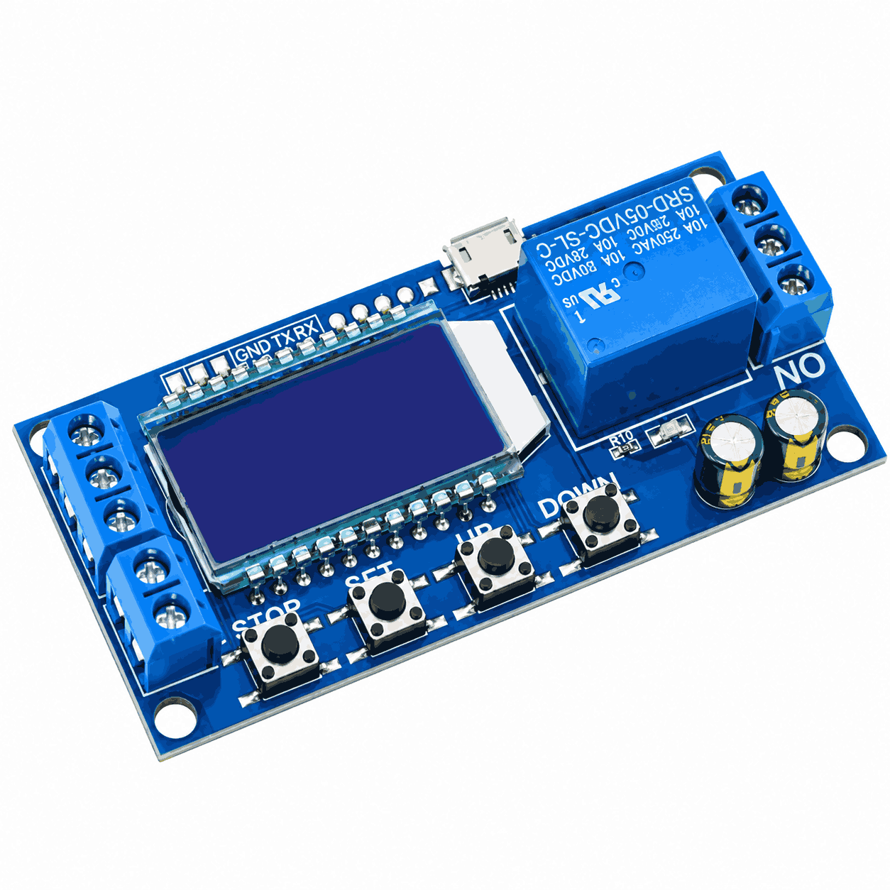 Modul kohëmatës XY-LJ02 me ekran LCD, relé blu, katër butona dhe terminale lidhjeje