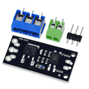 Pllakë e zezë MOSFET LR7843 HW-532 me optokopler PC817, terminal blu me 3 pozicione, terminal jeshil me 2 pozicione dhe pin header të veçuar
